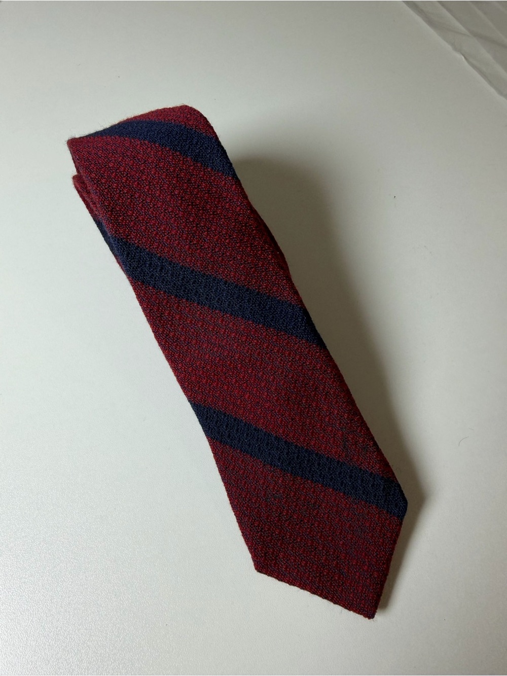 J. Crew Hand Made in USA Burgundy and Navy Slim Modern Tie with Wide Stripes